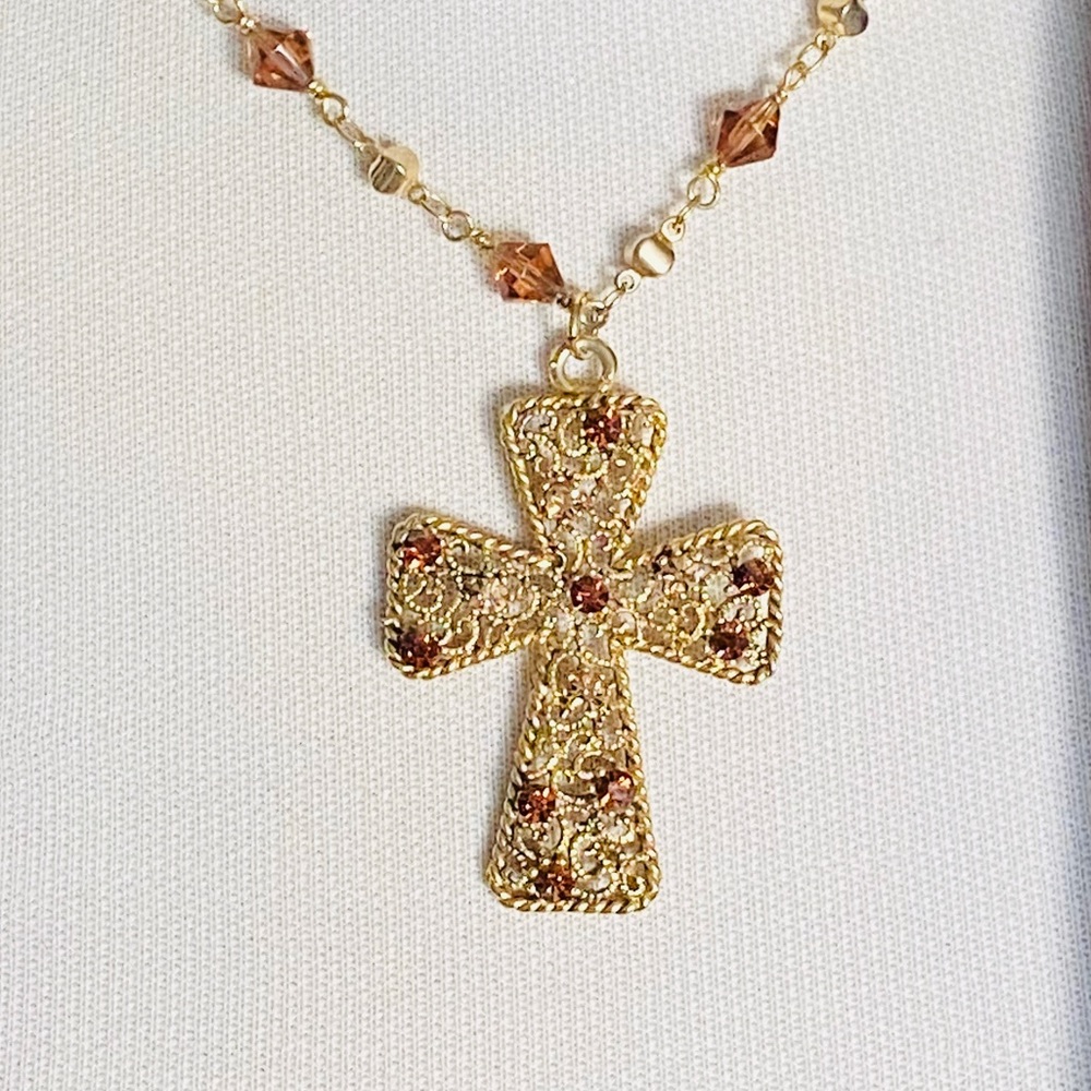 Gold Cross women’s brown jeweled chain Necklace
